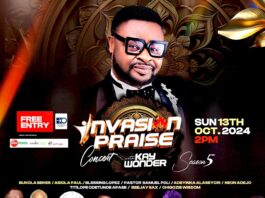 Kay Wonder is set to host the 5th edition Invasion Praise at Eko Hotel Feauting Beejay sax, Adeyinka alaseyori Neon adejo & Others